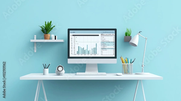 Fototapeta Modern home office setup featuring a computer, desk, and plants against a blue wall, promoting productivity and inspiration in a workspace.