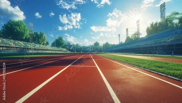 Fototapeta A track field with a stadium in the background