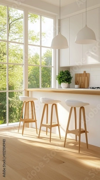 Fototapeta Modern kitchen interior with wooden bar stools and natural light through large windows.