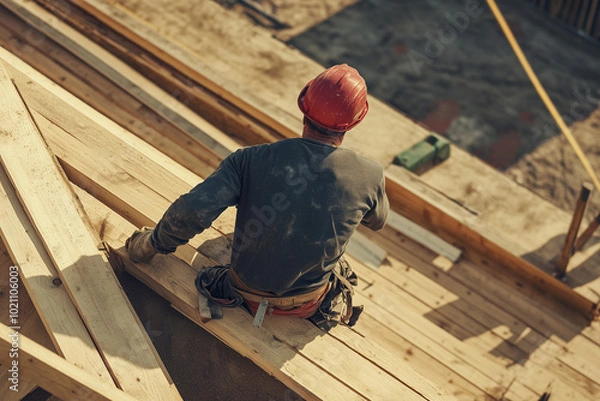Obraz Roofer Carpenter Working on Roof Structure at Construction Site Residential Roofing Building Process