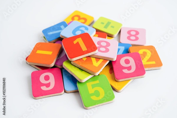 Fototapeta Number wood block cubes for learning Mathematic, education math.
