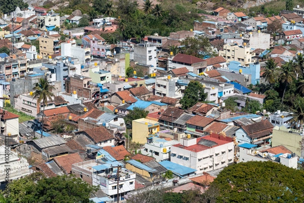 Obraz Aerial view of the rooftops of low rise houses in the small town of Shravanabelagola in Karnataka.