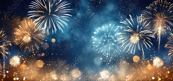 Fototapeta Golden fireworks with bokeh in midnight sky