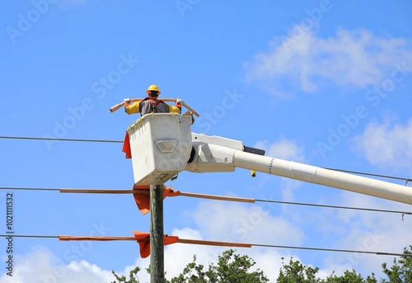 Fototapeta Electrical contractor in a bucket truck insulates live power lines on old wooden poles. Soon to transfer the power lines to newly installed concrete poles to strengthen the grid in Fort Lauderdale, FL