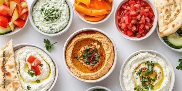 Fototapeta A vibrant spread of Middle Eastern dips with fresh vegetables and pita bread on a white background.