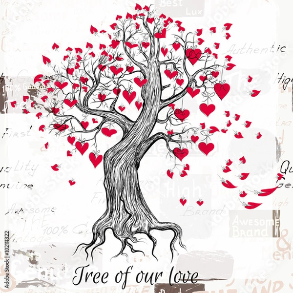 Fototapeta Vector hand drawn Valentines Day tree with red hearts tree of ou