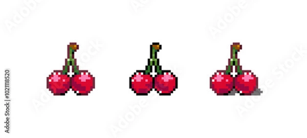 Fototapeta Pixel Art Cherry Icon Vector Illustration. Pink Berries Graphic Isolated Sticker. Retro 8 Bit Cherry for Video Game, Mobile, Web. Food Digital Element. Digital Art Asset