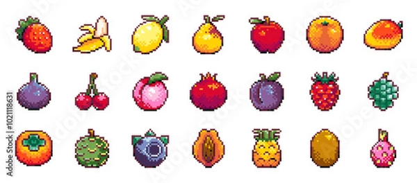 Obraz Pixel Art Tropical and Exotic Fruits and Berries Icon Set, Strawberry, Banana, Lemon, Apple, Mango, Fig, Cherry, Peach, Pomegranate, Pineapple, Kiwi, Papaya. Retro 8-bit Elements for Games and Design.