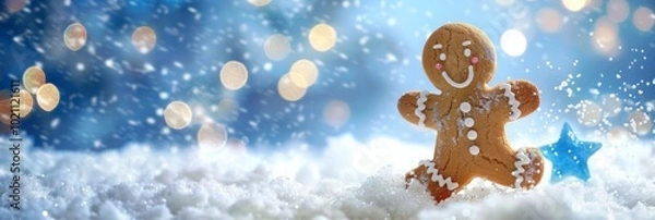 Fototapeta Smiling Gingerbread Man Cookie in a Snowy Winter Wonderland with Sparkling Snowflakes – Festive Christmas Dessert for Holiday Celebrations and Seasonal Baking Fun