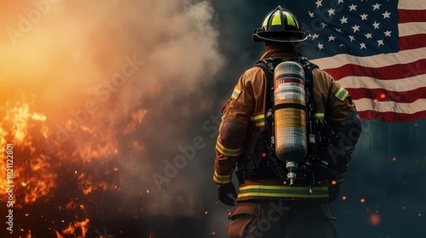 Fototapeta A brave firefighter stands ready against a fiery backdrop, embodying courage and determination with the American flag in view.