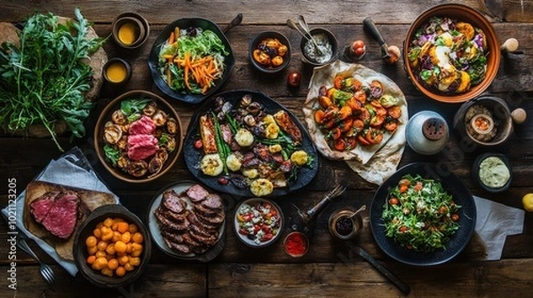 Fototapeta A vibrant spread of grilled meats and colorful salads on a rustic wooden table.