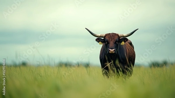 Fototapeta A curious bull stands majestically in a green field under a cloudy sky, embodying rural charm and natural beauty.