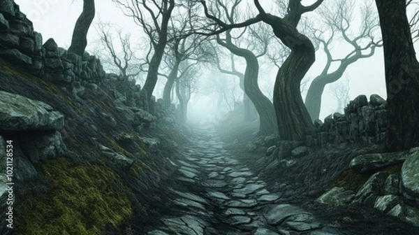 Fototapeta Mysterious Foggy Forest Path with Twisted Trees, AI