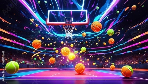 Fototapeta A basketball court with a hoop and basketballs, surrounded by a colorful, abstract atmosphere. The scene is filled with bright lights, confetti, and a sense of energy and excitement.