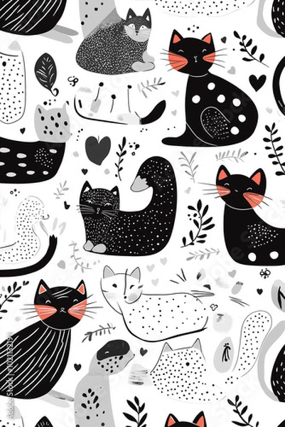 Fototapeta Cute black and white cat illustration with hearts, leaves, and dots.