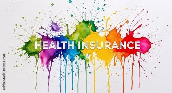Fototapeta health insurance word lettering on colorful paint watercolor splash on plain white background