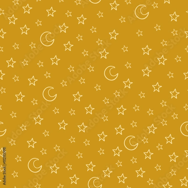 Fototapeta Seamless pattern with cartoon stars and moon on yellow backgroun