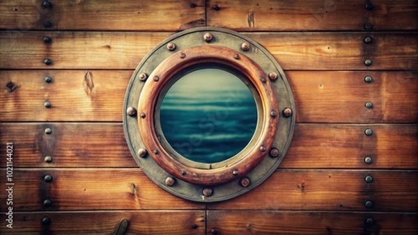 Fototapeta A weathered wooden wall with a round porthole revealing a glimpse of the blue water beyond