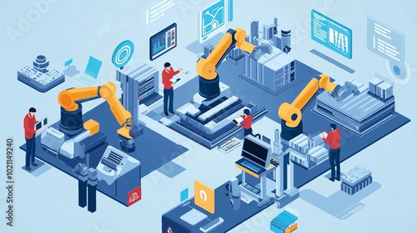Fototapeta 3d vector illustration of production, workers, engineers working, production process, Hi-tech machines, Industrial revolution concept, Automation factory