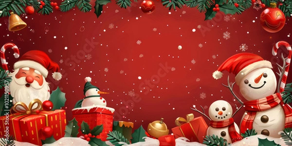 Obraz Christmas illustration with Santa Claus, snowman, and decorated Christmas tree,Generated By Ai