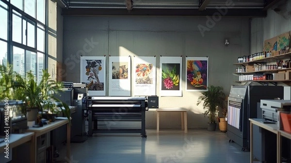 Fototapeta A bright, modern workspace featuring large windows, artwork on display, and printing equipment alongside greenery for a fresh atmosphere.
