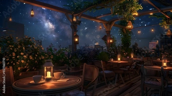 Obraz A cozy rooftop cafe under a starlit sky with lanterns and blooming flowers at night
