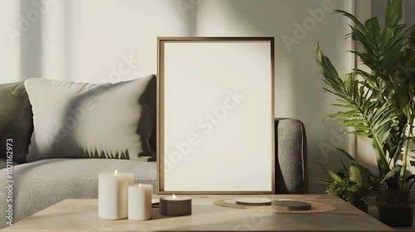 Fototapeta A cozy living space featuring a blank framed canvas, soft pillows, candles, and lush greenery, creating a serene and inviting atmosphere.