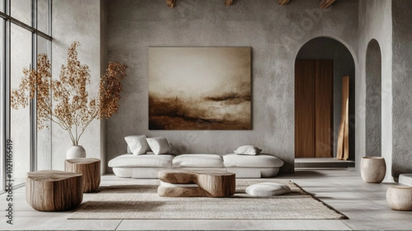 Obraz Beautiful modern living room with natural light, Sleek modern design clean lines typography space negative space visual balance.
