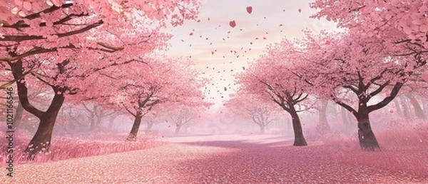 Obraz Enchanting cherry blossom path with petals in the air creating a serene and dreamy atmosphere.