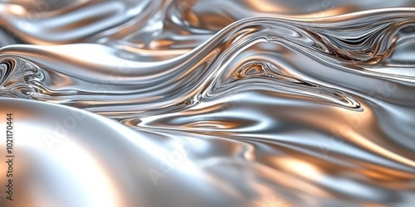 Fototapeta Chrome background with polished reflections, metallic shine, and smooth, fluid textures, modern abstract art