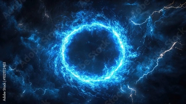Fototapeta A mesmerizing blue energy vortex surrounded by dark clouds and crackling lightning.