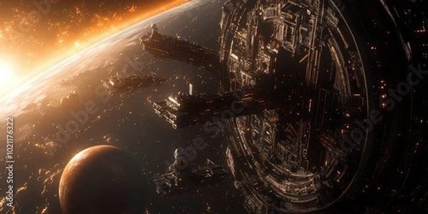 Obraz Futuristic space station orbiting a distant planet with a glowing horizon.