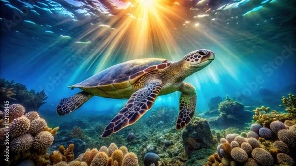 Fototapeta Majestic sea turtle swimming gracefully in vibrant coral reef with sunlight filtering through
