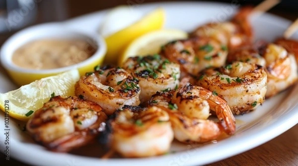 Fototapeta Grilled shrimp skewers garnished with herbs, served with lemon wedges and a creamy dipping sauce.