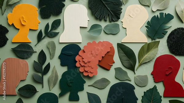 Fototapeta Abstract Paper Cutout Silhouettes of Faces Surrounded by Green Leaves on a Light Green Background