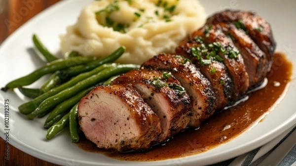 Obraz Succulent sliced pork tenderloin with glaze, served with mashed potatoes and green beans on a white plate.