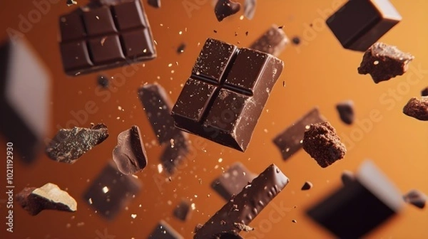 Fototapeta Pieces of chocolate floating in the air on a dark background that matches the color of the chocolate. Confectionery