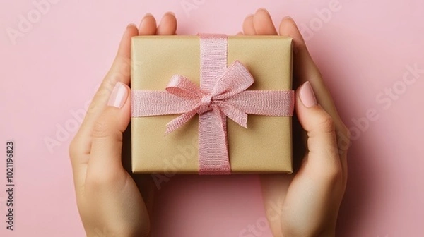 Fototapeta A pair of hands gently cradles a beautifully wrapped gift adorned with a pink ribbon against a soft pastel pink background. This perfect present adds a touch of elegance to any celebration, enhancing 