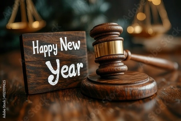 Fototapeta A gavel rests on a polished wooden table beside a sign that reads Happy New Year. This festive setting combines elements of law and celebration, symbolizing new beginnings and resolutions in a legal c