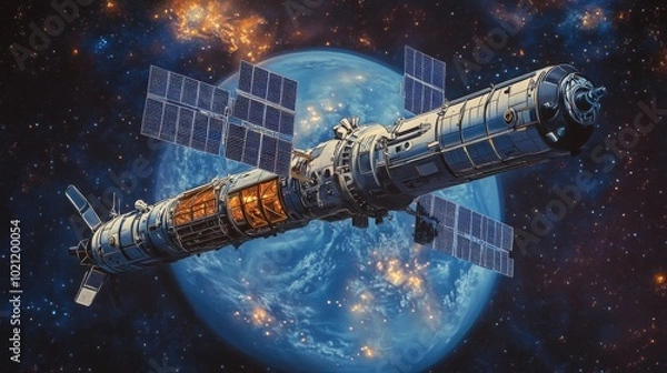 Obraz Futuristic spacecraft orbits Earth, emphasizing advanced space exploration technology.