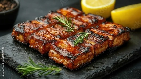 Fototapeta Deliciously grilled salmon fillets are arranged on a dark slate plate, garnished with fresh lemon wedges and sprigs of rosemary. The vibrant colors and textures showcase a perfect outdoor dining exper