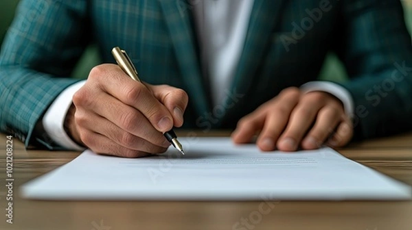 Fototapeta A professional man writes with a pen on a blank sheet of paper, showcasing focus and determination in a business environment.