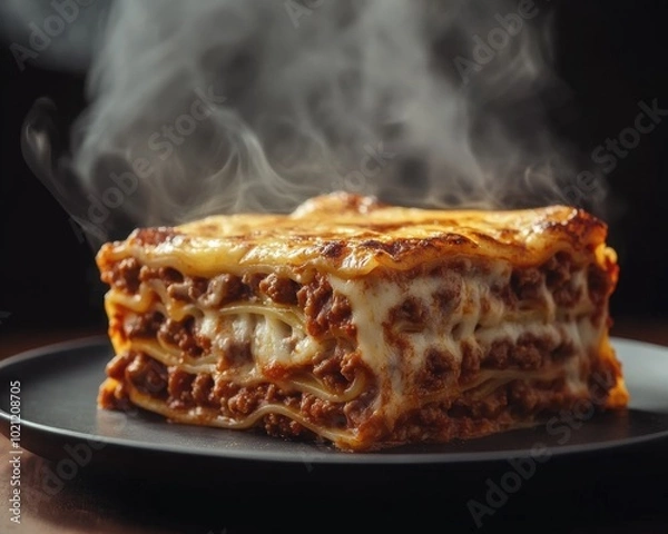 Fototapeta Steaming hot lasagna with layers of pasta, meat, and melted cheese on a dark plate.