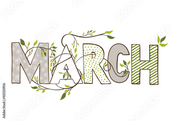 Fototapeta March. Lettering with branches and young leaves
