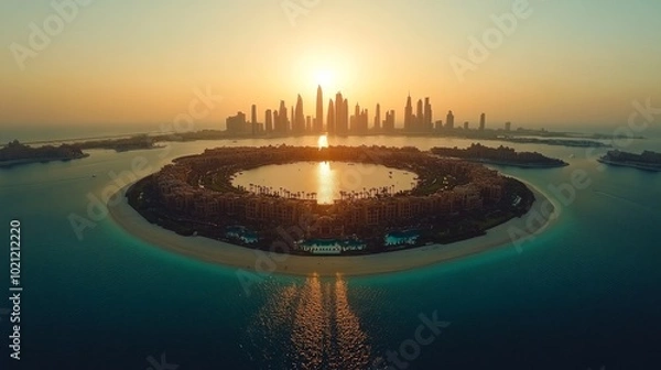 Fototapeta Aerial view of a cityscape with a man-made island with a lagoon at the center, the sun rising behind the city skyline.