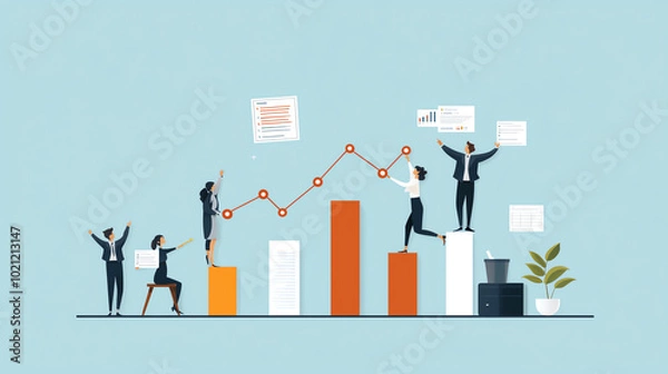 Fototapeta A dynamic group of business professionals celebrating success while analyzing performance metrics, represented through colorful bar graphs and charts.