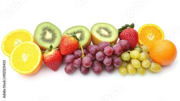 Fototapeta Fresh assortment of colorful fruits including kiwi, strawberries, oranges, grapes, and more.