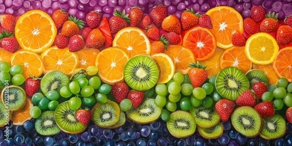 Obraz Vibrant and colorful fruit arrangement showcasing fresh oranges, strawberries, kiwis, and grapes in a rainbow pattern.