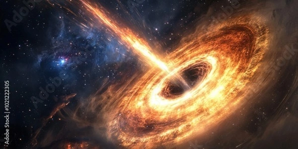 Fototapeta A mesmerizing cosmic scene featuring a luminous black hole in space, with swirling galaxies and vivid colors.