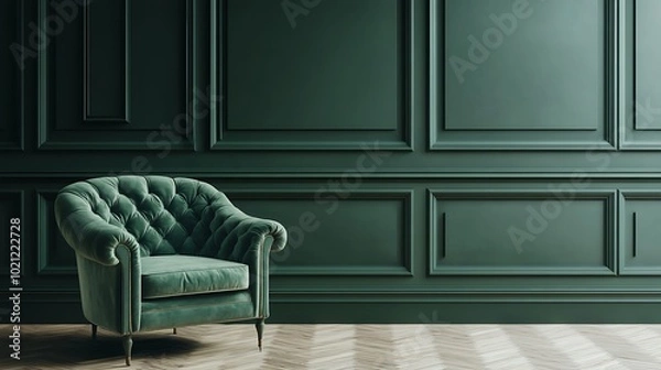Fototapeta  Chair in green empty room with classic wall panels frames. Studio mockup with dark modern luxury design. 
